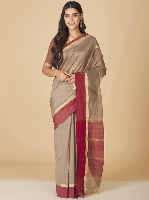 Fabindia Grey Woven Saree Without Blouse Price in India