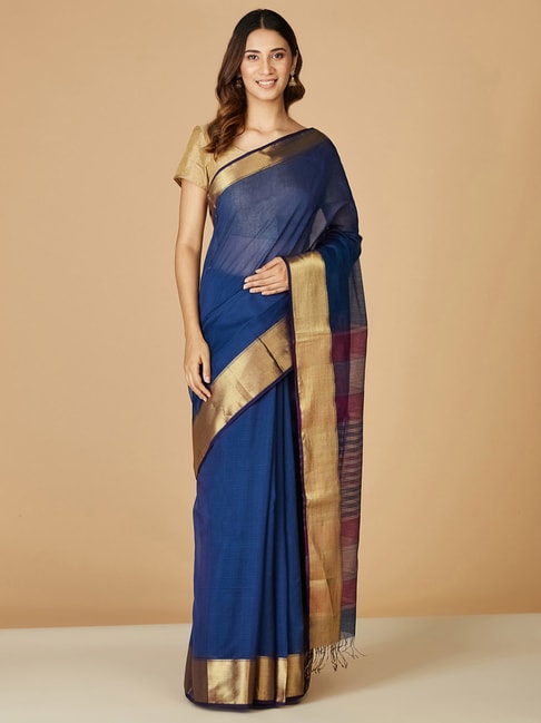 Fabindia Blue Woven Saree Without Blouse Price in India