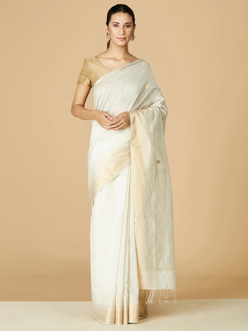 Fabindia Off-White Woven Saree Without Blouse Price in India