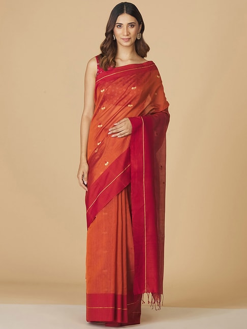 Fabindia Rust Woven Saree Without Blouse Price in India