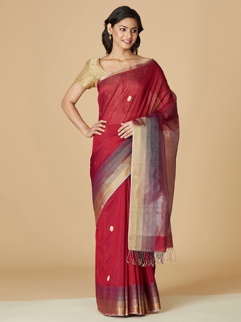 Fabindia Maroon Woven Saree Without Blouse Price in India