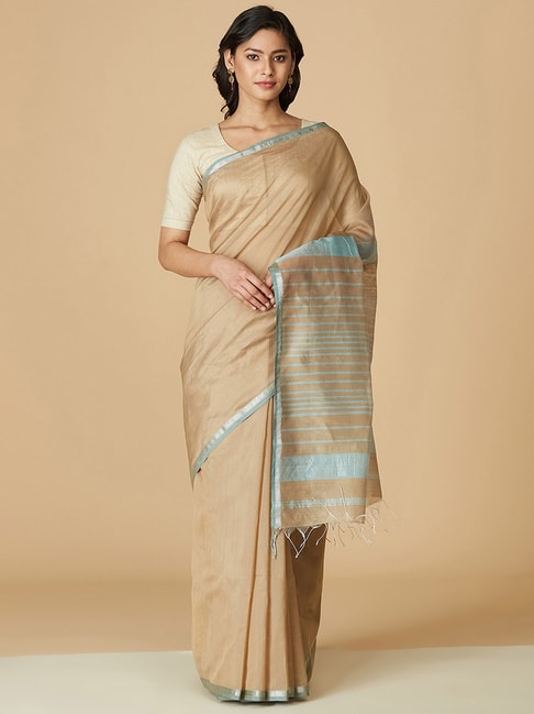 Fabindia Beige Woven Saree Without Blouse Price in India