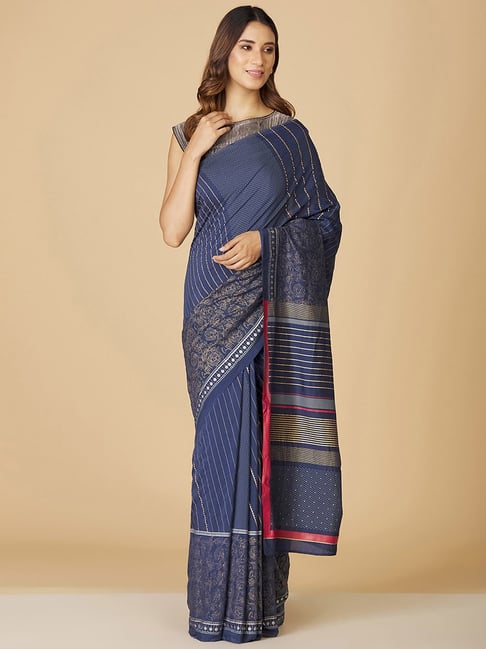 Fabindia Navy Printed Saree Without Blouse Price in India