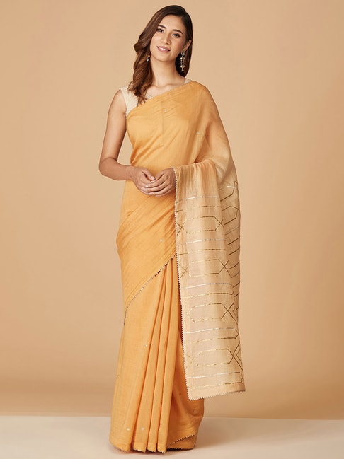 Fabindia Beige Saree Without Blouse Price in India