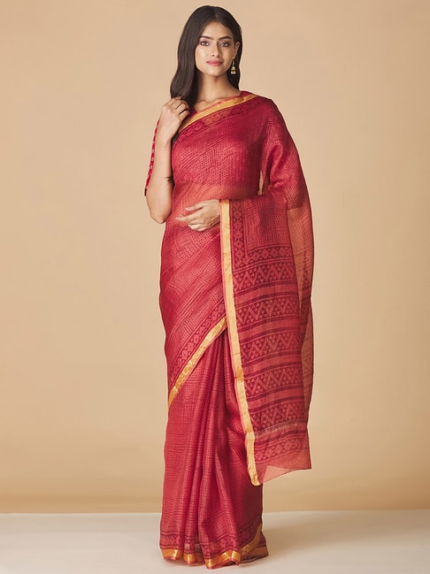 Fabindia Maroon Silk Printed Saree Without Blouse Price in India