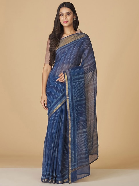Fabindia Blue Silk Printed Saree Without Blouse Price in India