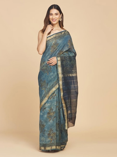 Fabindia Blue Printed Saree Without Blouse Price in India