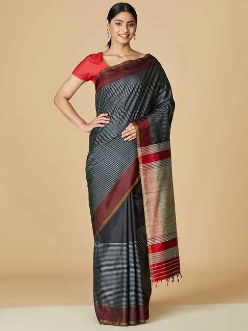 Fabindia Black Silk Striped Saree Without Blouse Price in India