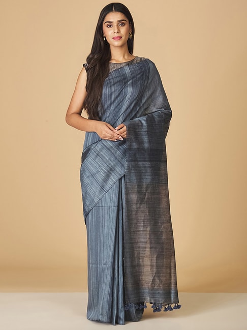 Fabindia Grey Silk Woven Saree Without Blouse Price in India