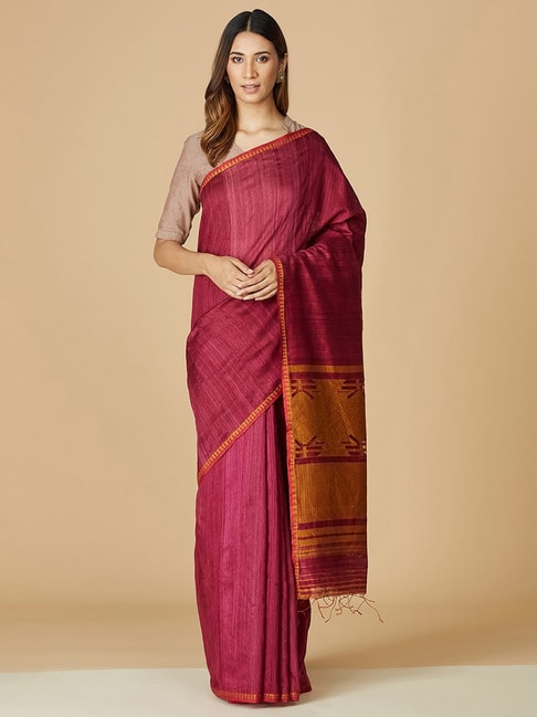 Fabindia Purple Silk Woven Saree Without Blouse Price in India