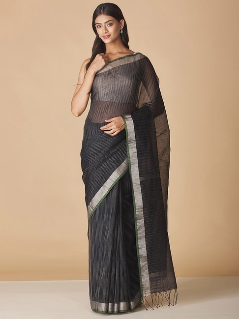 Fabindia Black Striped Saree Without Blouse Price in India