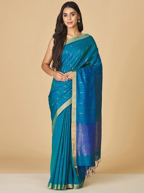 Fabindia Teal Blue Woven Saree Without Blouse Price in India