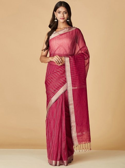 Fabindia Pink Striped Saree Without Blouse Price in India