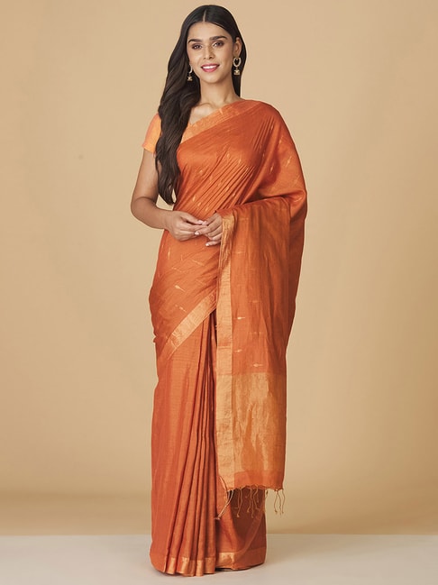 Fabindia Rust Woven Saree Without Blouse Price in India