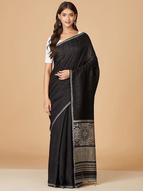 Fabindia Black Silk Woven Saree Without Blouse Price in India