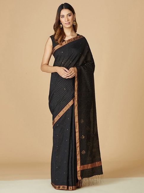 Fabindia Black Woven Saree Without Blouse Price in India