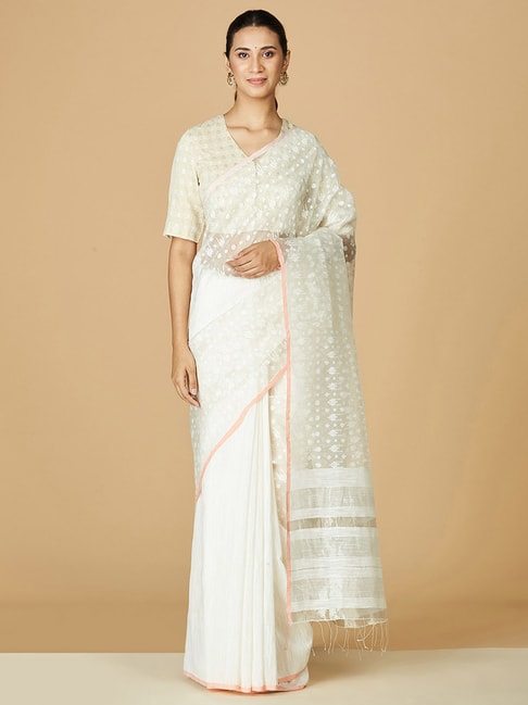 Fabindia Off-White Woven Saree Without Blouse Price in India