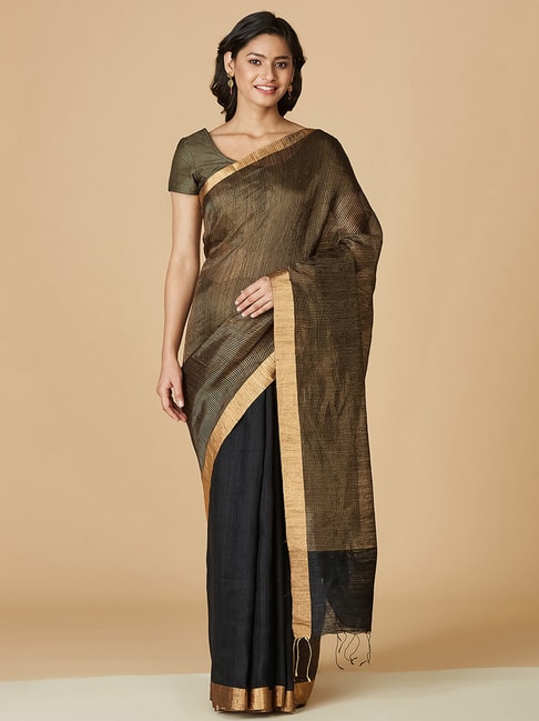 Fabindia Black Woven Saree Without Blouse Price in India