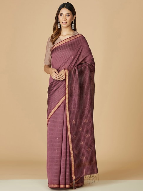 Fabindia Purple Woven Saree Without Blouse Price in India