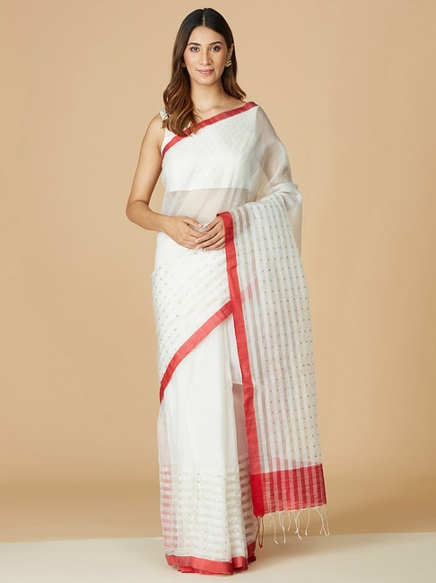 Fabindia Off-White Silk Woven Saree Without Blouse Price in India