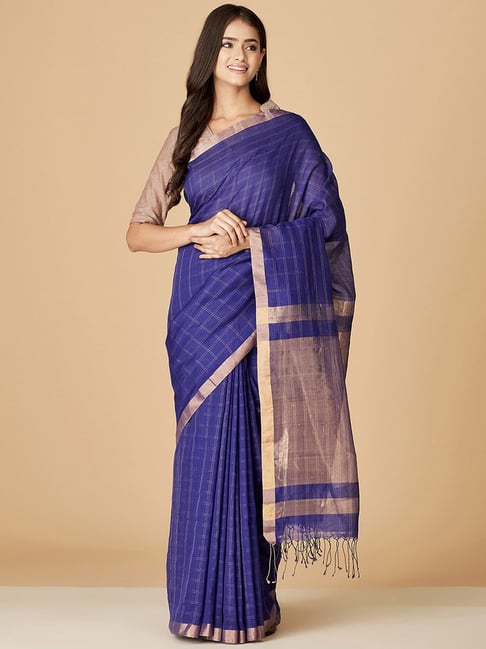 Fabindia Blue Chequered Saree Without Blouse Price in India