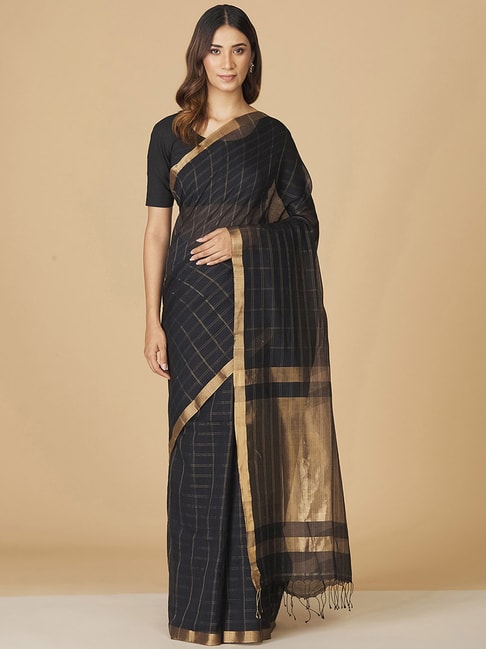 Fabindia Black Chequered Saree Without Blouse Price in India