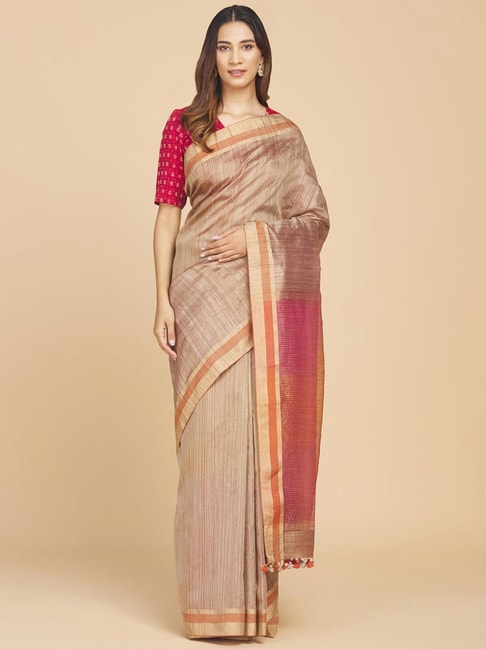 Fabindia Beige Silk Woven Saree Without Blouse Price in India