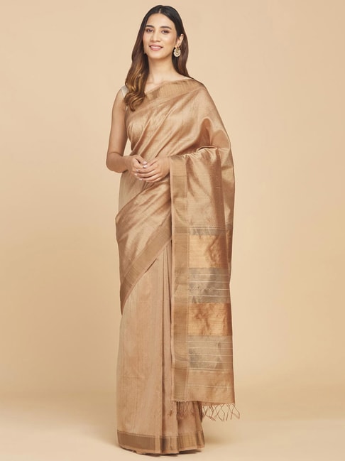 Fabindia Beige Woven Saree Without Blouse Price in India