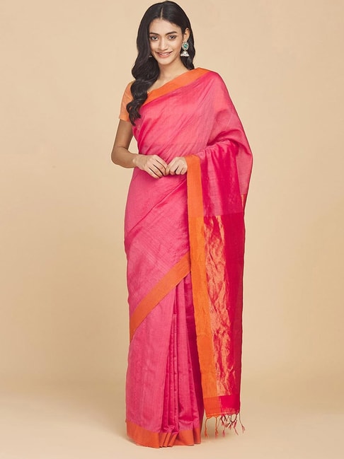 Fabindia Pink Woven Saree Without Blouse Price in India