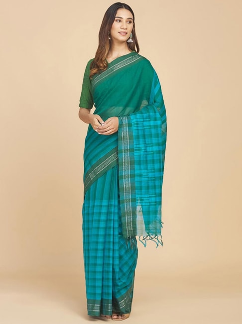 Fabindia Green Cotton Woven Saree Without Blouse Price in India