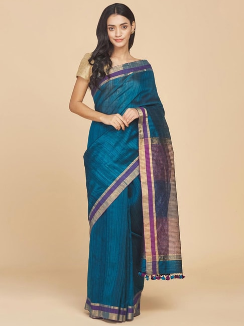 Fabindia Teal Blue Silk Woven Saree Without Blouse Price in India