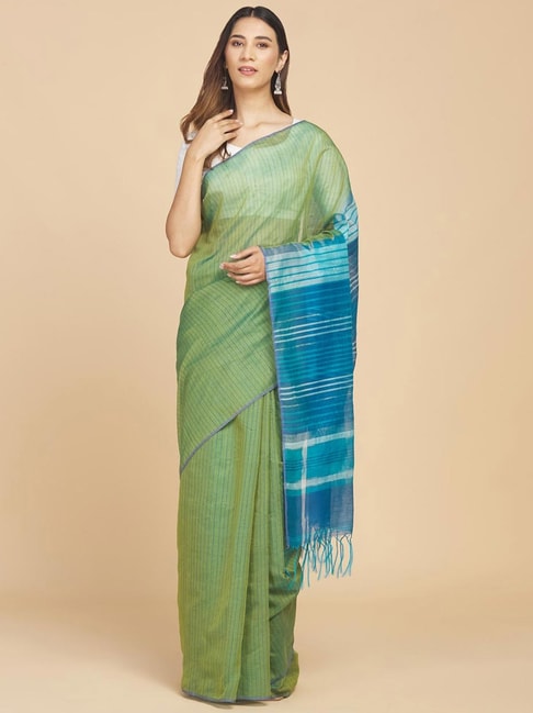 Fabindia Green Striped Saree Without Blouse Price in India