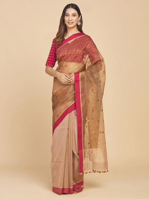 Fabindia Beige Linen Woven Saree Without Blouse Price in India
