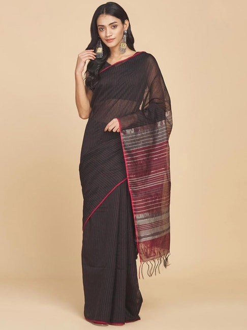 Fabindia Black Striped Saree Without Blouse Price in India