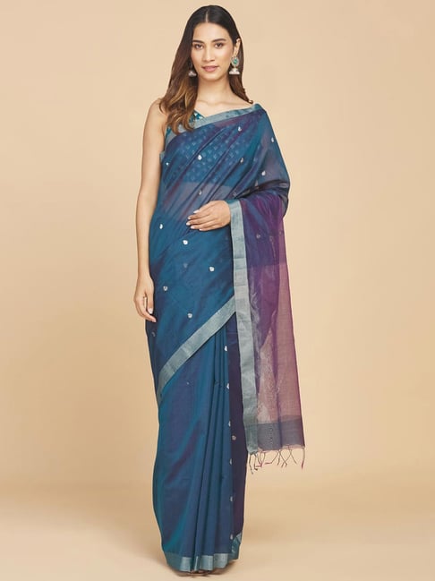 Fabindia Teal Blue Woven Saree Without Blouse Price in India