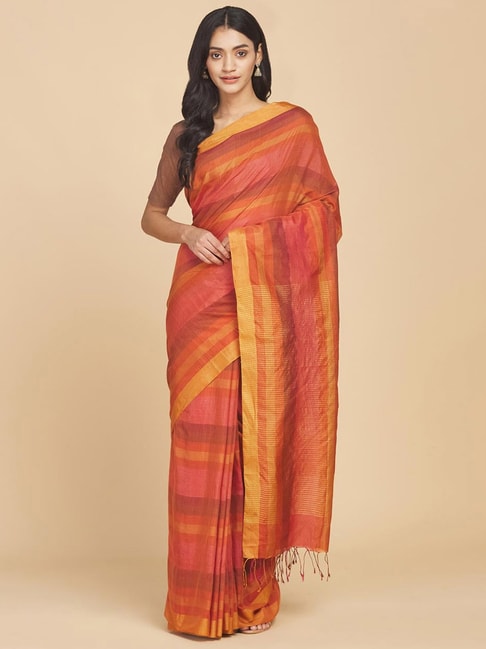 Fabindia Rust Striped Saree Without Blouse Price in India