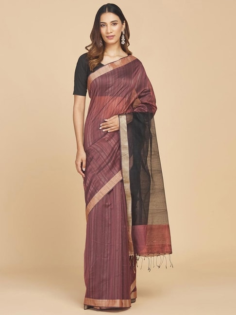 Fabindia Brown Striped Saree Without Blouse Price in India
