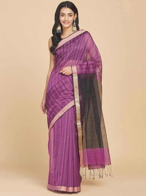 Fabindia Magenta Striped Saree Without Blouse Price in India