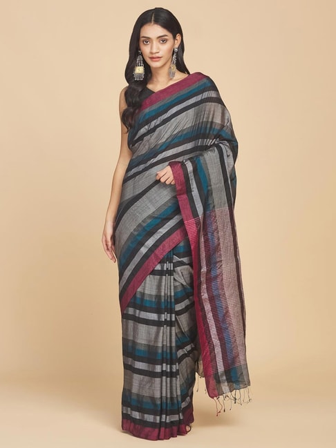 Fabindia Grey Striped Saree Without Blouse Price in India