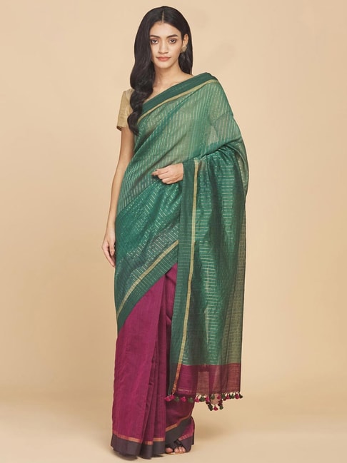 Fabindia Green & Purple Striped Saree Without Blouse Price in India