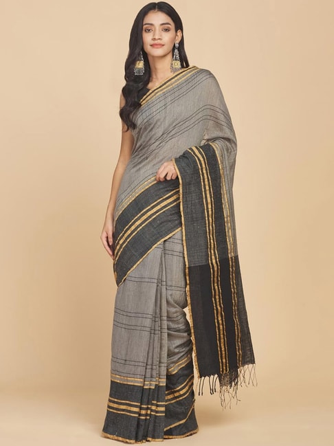 Fabindia Grey Silk Striped Saree Without Blouse Price in India