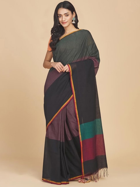 Fabindia Black Cotton Striped Saree Without Blouse Price in India