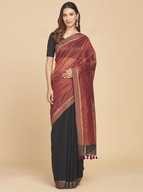 Fabindia Black & Black Striped Saree Without Blouse Price in India