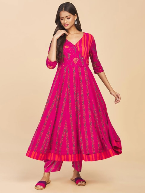 Fabindia Pink Cotton Printed A Line Kurta Price in India