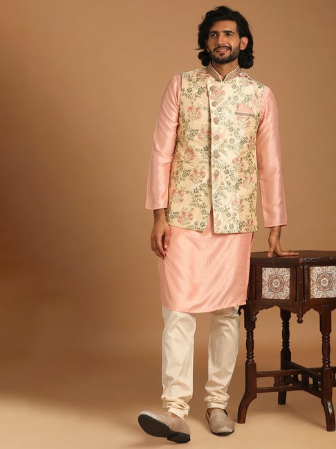 Embroidered Floral Peach Kurta Pajama & Jacket Set for Boys #30759 | Buy Kurta  Pajama For Kids Online