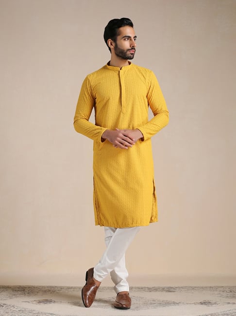 Manyavar Mustard & White Regular Fit Embroidered Kurta & Pyjama Set