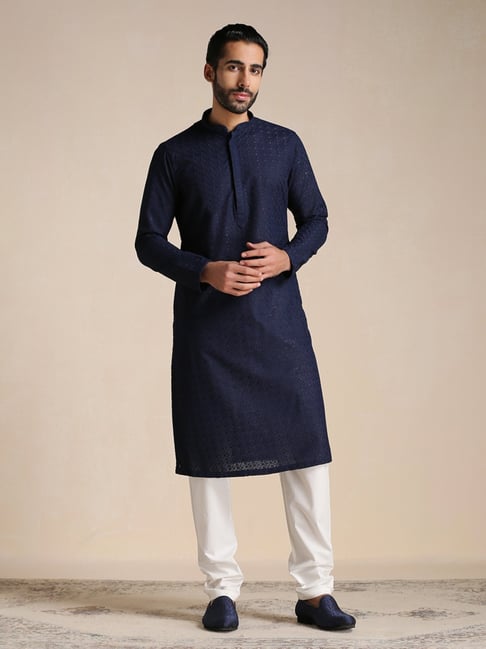 Buy Manyavar Navy White Regular Fit Embroidered Kurta Pyjama
