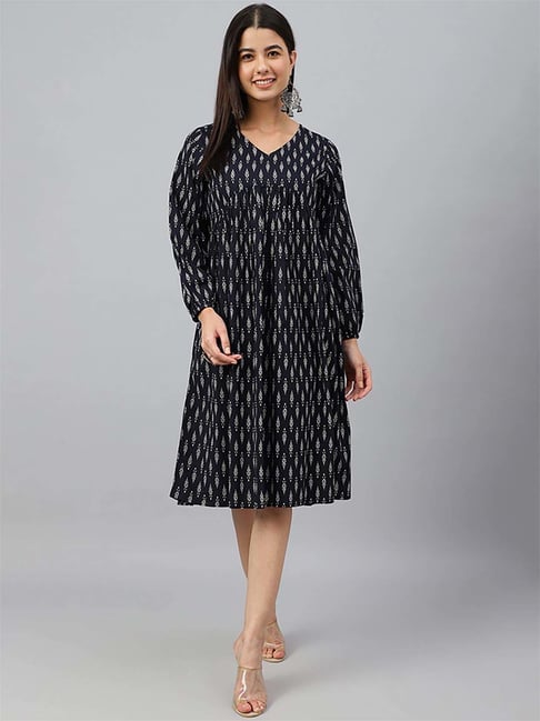 Janasya Black Cotton Printed A-Line Dress Price in India
