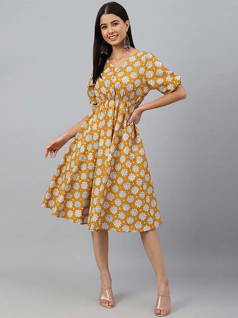 Janasya Mustard Cotton Printed A-Line Dress Price in India
