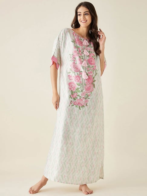 Buy The Kaftan Company White Printed Night Dress With Eyemask for